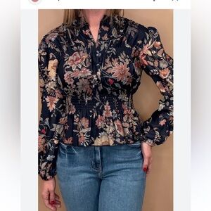Current Air Anthropologie Navy Floral Smocked Blouson Sleeve Blouse Small